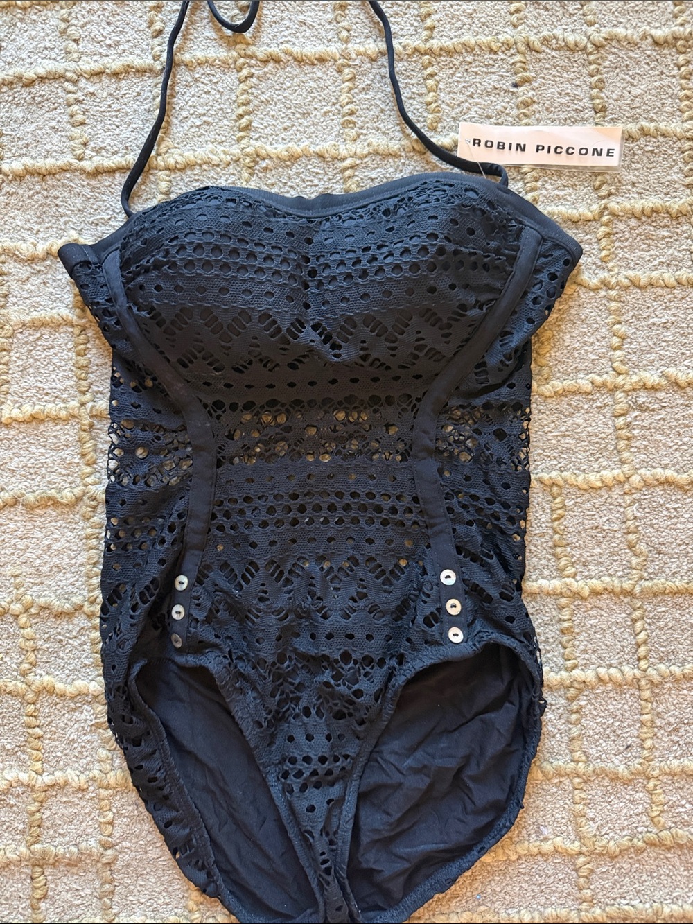 Robin Piccone Black Crochet One-Piece Swimsuit size 8